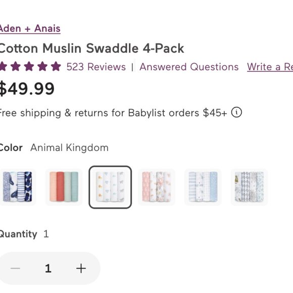 Aden + Anais Cotton Muslin Swaddle 4-Pack Animal Kingdom - Picture 3 of 6